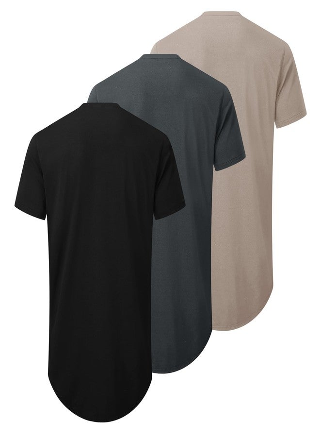 TEZO Mens 3 Pack Plain Cotton Shirts Short Sleeve Casual Crew Neck T-Shirts Hipster Hip Hop Longline Tees Shirts Drop Cut Curved Hem Shirt (BKDGKA M) - Image 2